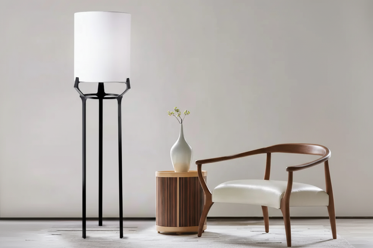 Tall stainless-steel standing lamp in a foyer
