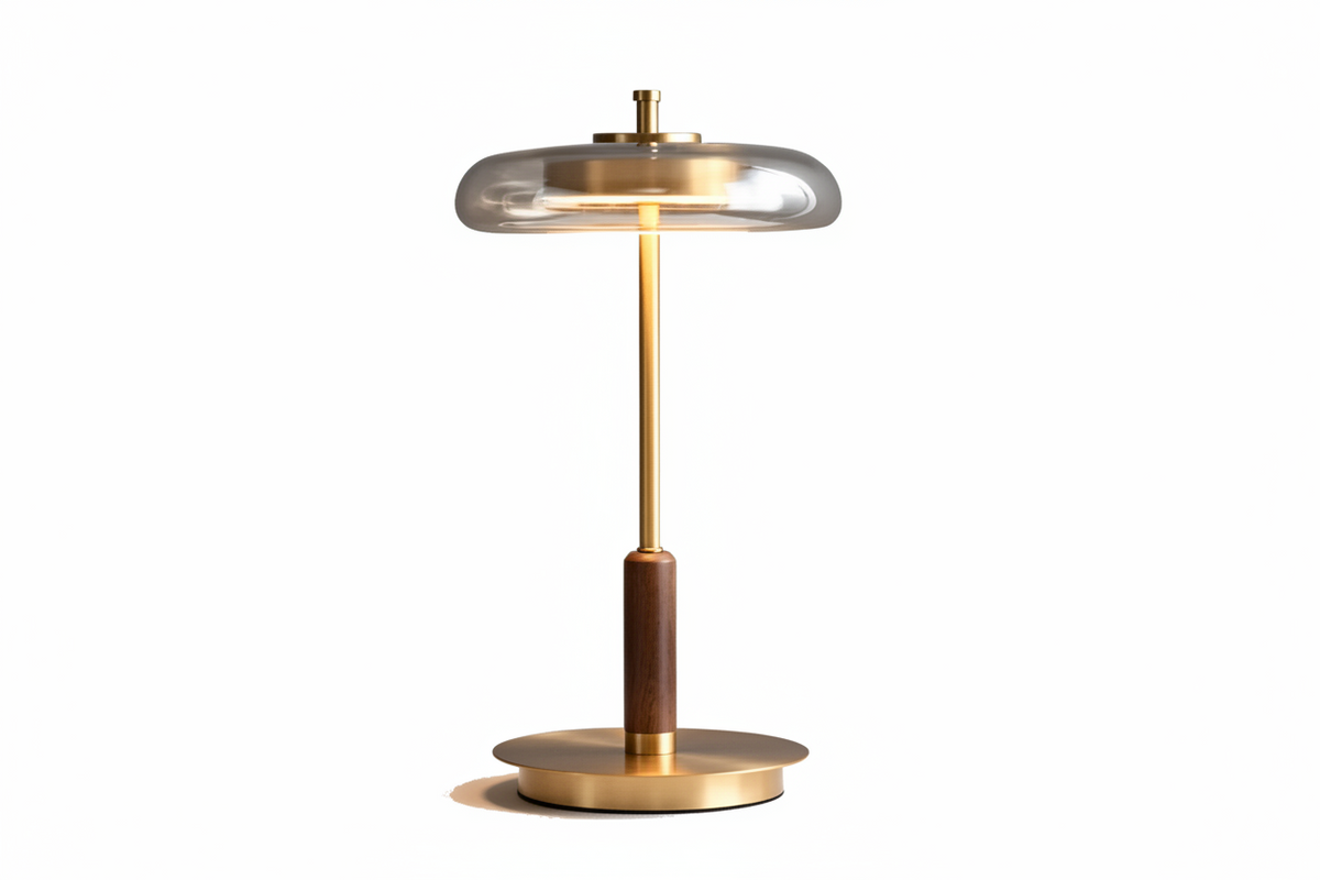 Glass Halo Table Lamp 41cm | Iron & Wood Disc Modern Japandi Bedroom Living Room Casalolalights Luxury Lamps