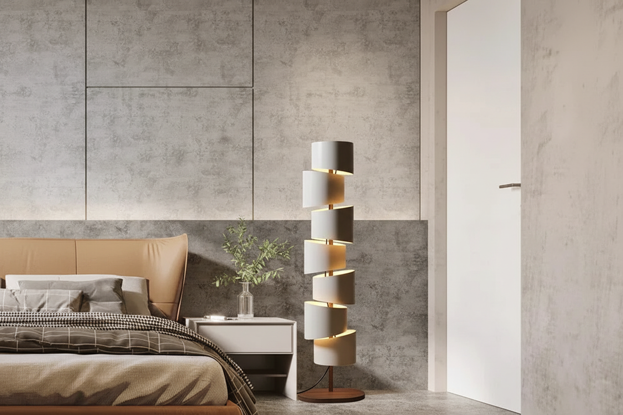 Tall geometric tower lamp with warm glow