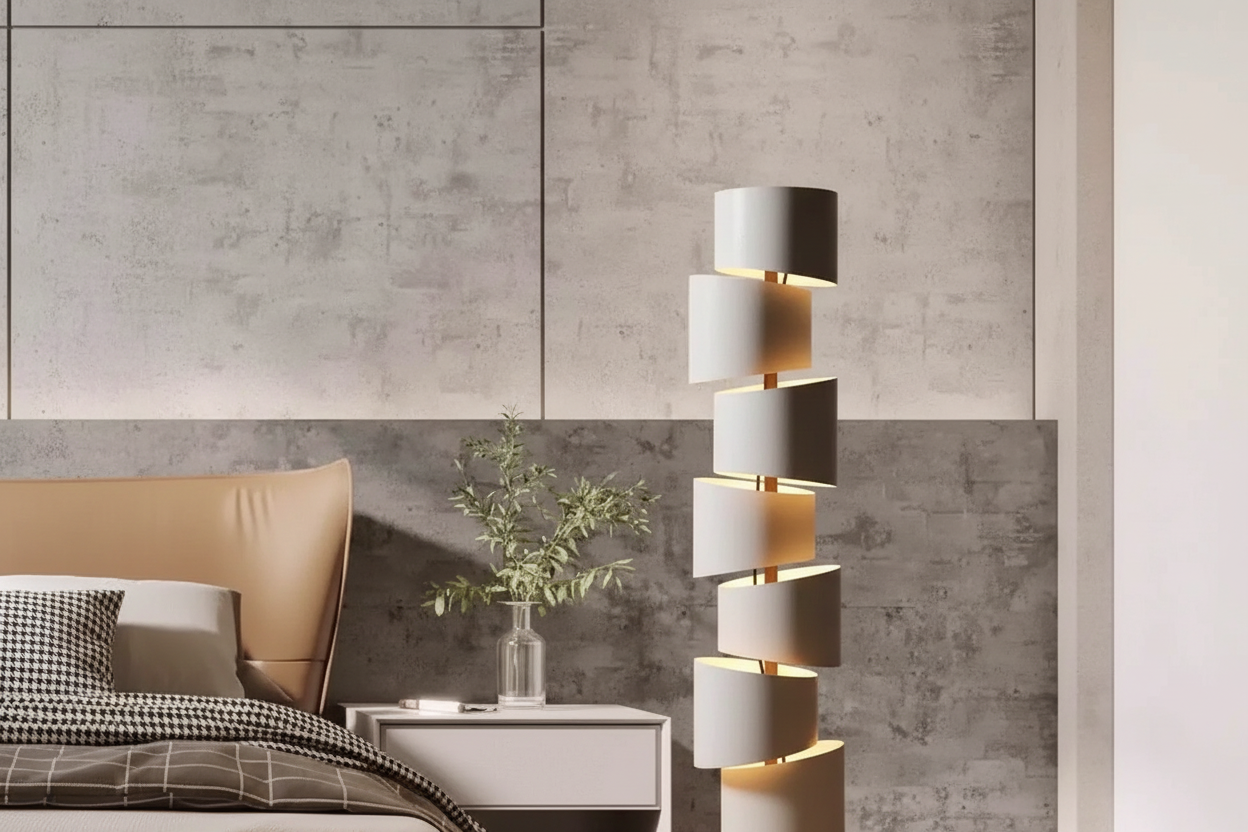 Detail of stacked cylindrical shades on a floor lamp