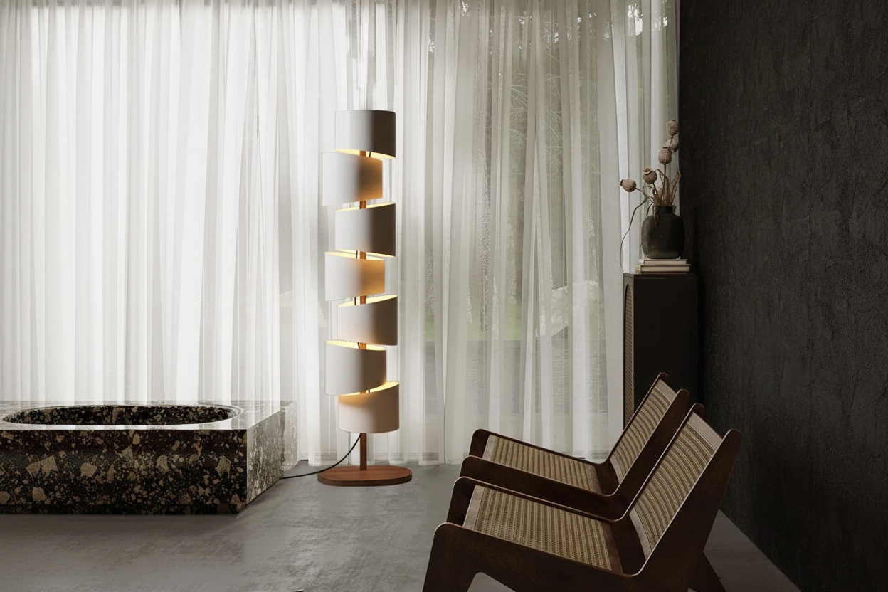 Stacked-shade iron floor lamp in a reading corner