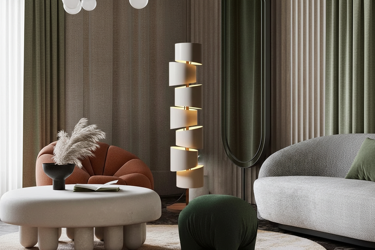Stacked-shade standing lamp in a contemporary interior
