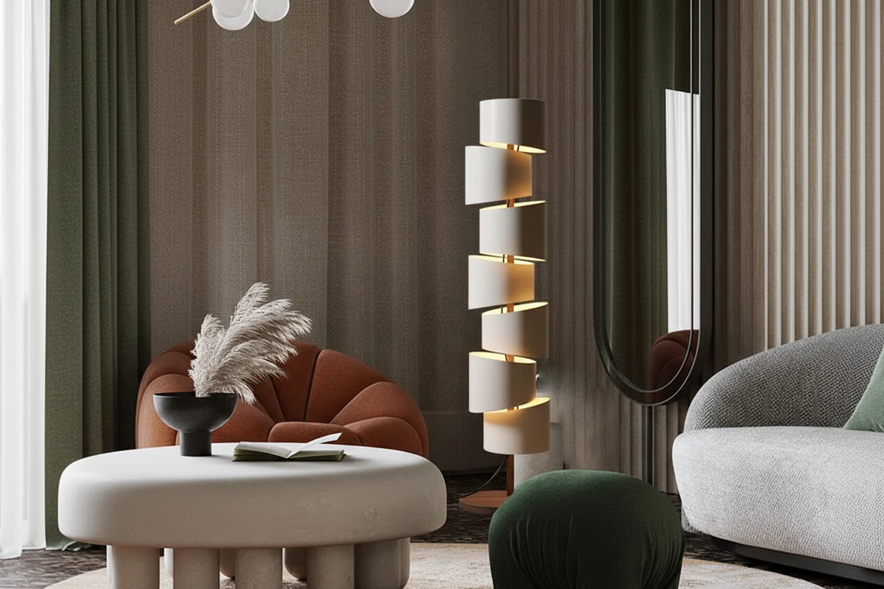 Architectural iron tower lamp in an office
