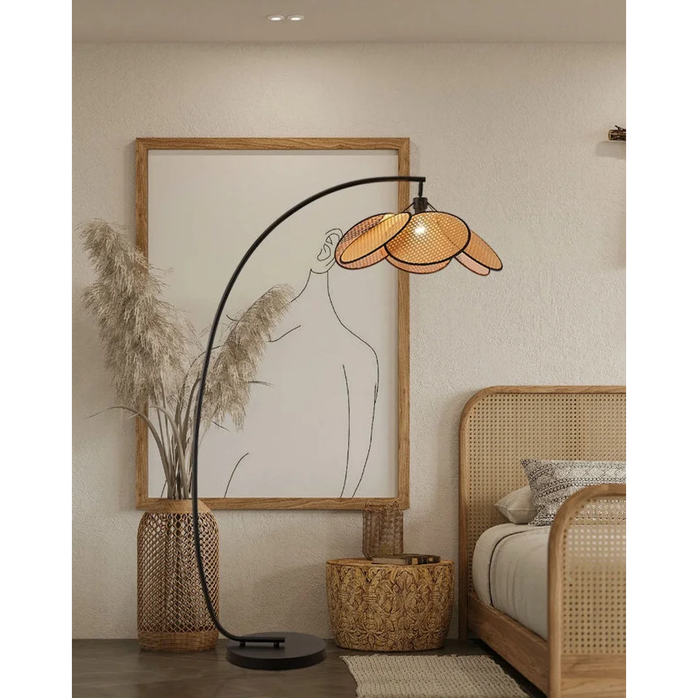 Arc Floor Lamp Stainless Steel Base Rustic Japandi Design Dimmable Modern Knitted Rattan Led