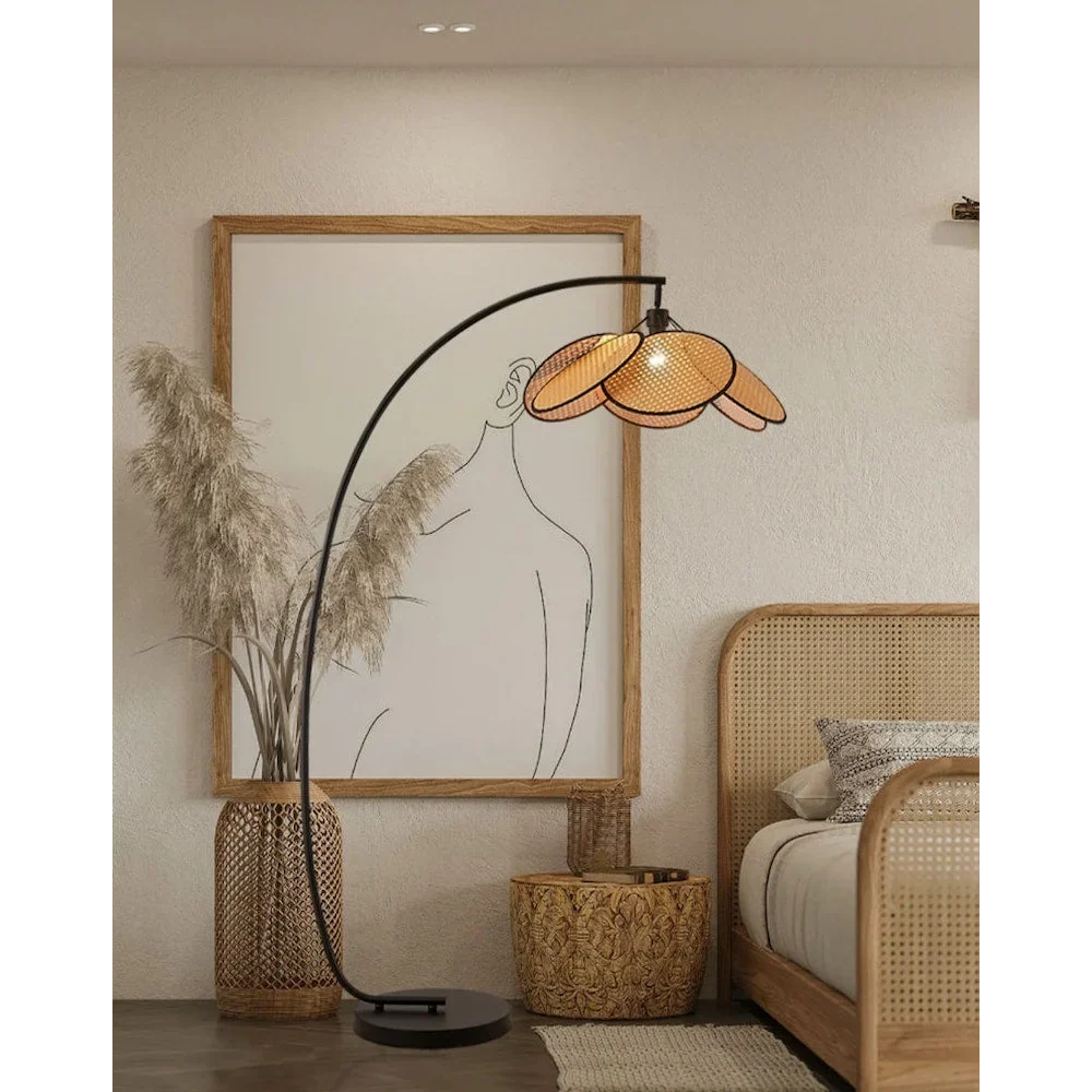 Arc Floor Lamp Stainless Steel Base Rustic Japandi Design Dimmable Modern Knitted Rattan Led Casalola Lights Luxury