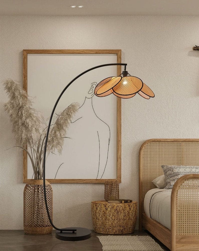 Arc Floor Lamp Stainless Steel Base Rustic Japandi Design Dimmable Modern Knitted Rattan Led - Lamps