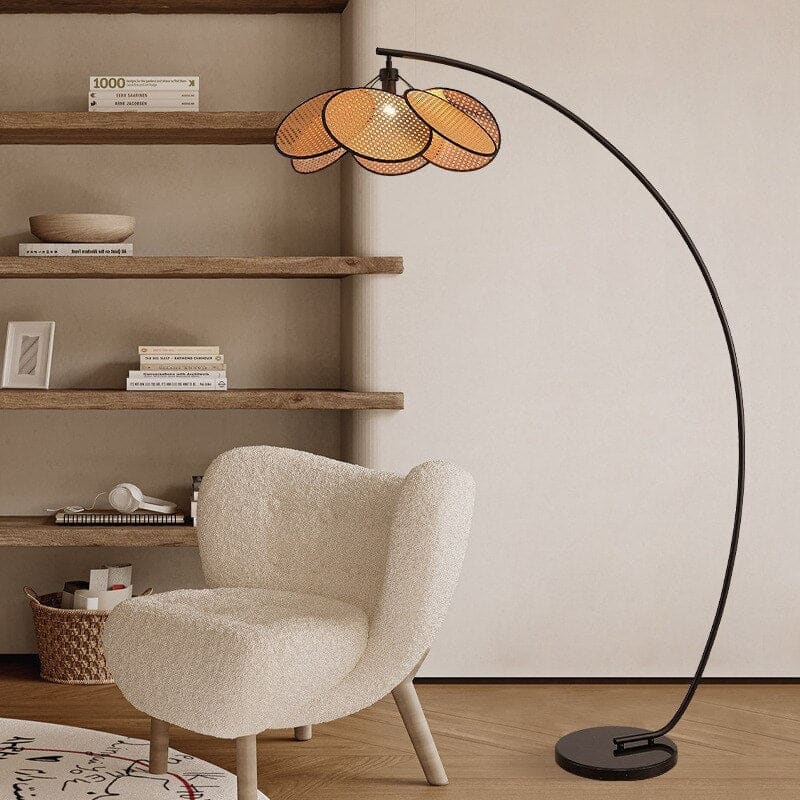 Arc Floor Lamp Stainless Steel Base Rustic Japandi Design Dimmable Modern Knitted Rattan Led - Lamps