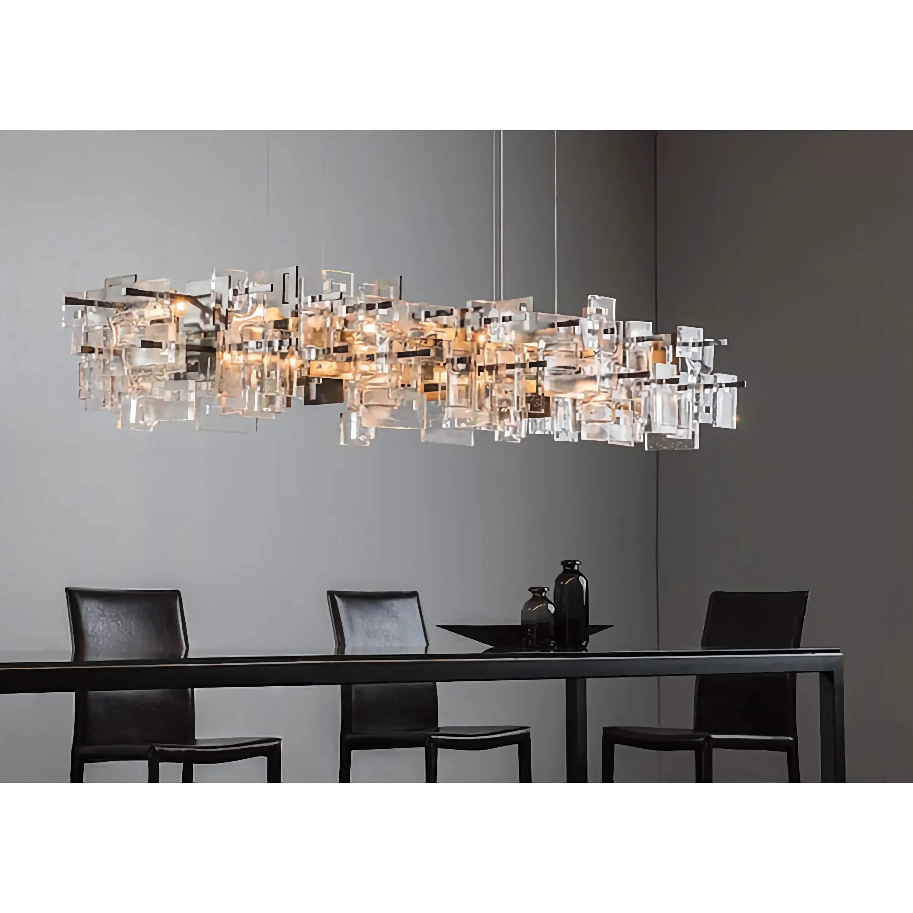 Hand Cut Crystal Linear Chandelier | Modern Rectangular Island Pendant Lighting for Dining Room