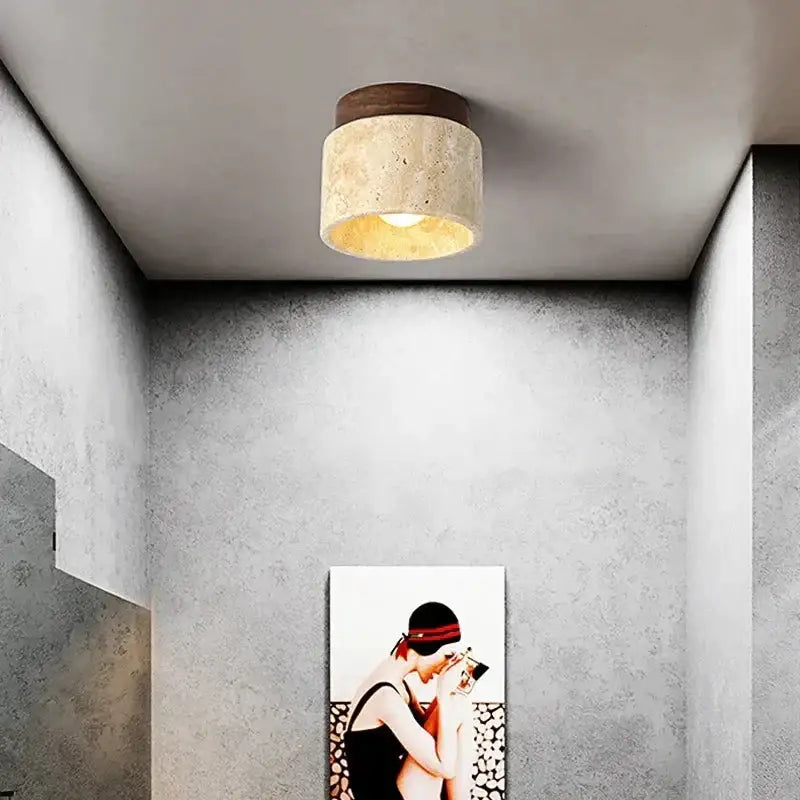 Modern Flush Mount Ceiling Light with Natural Stone and Wood Accent – Minimalist Cylinder Design - Mounts