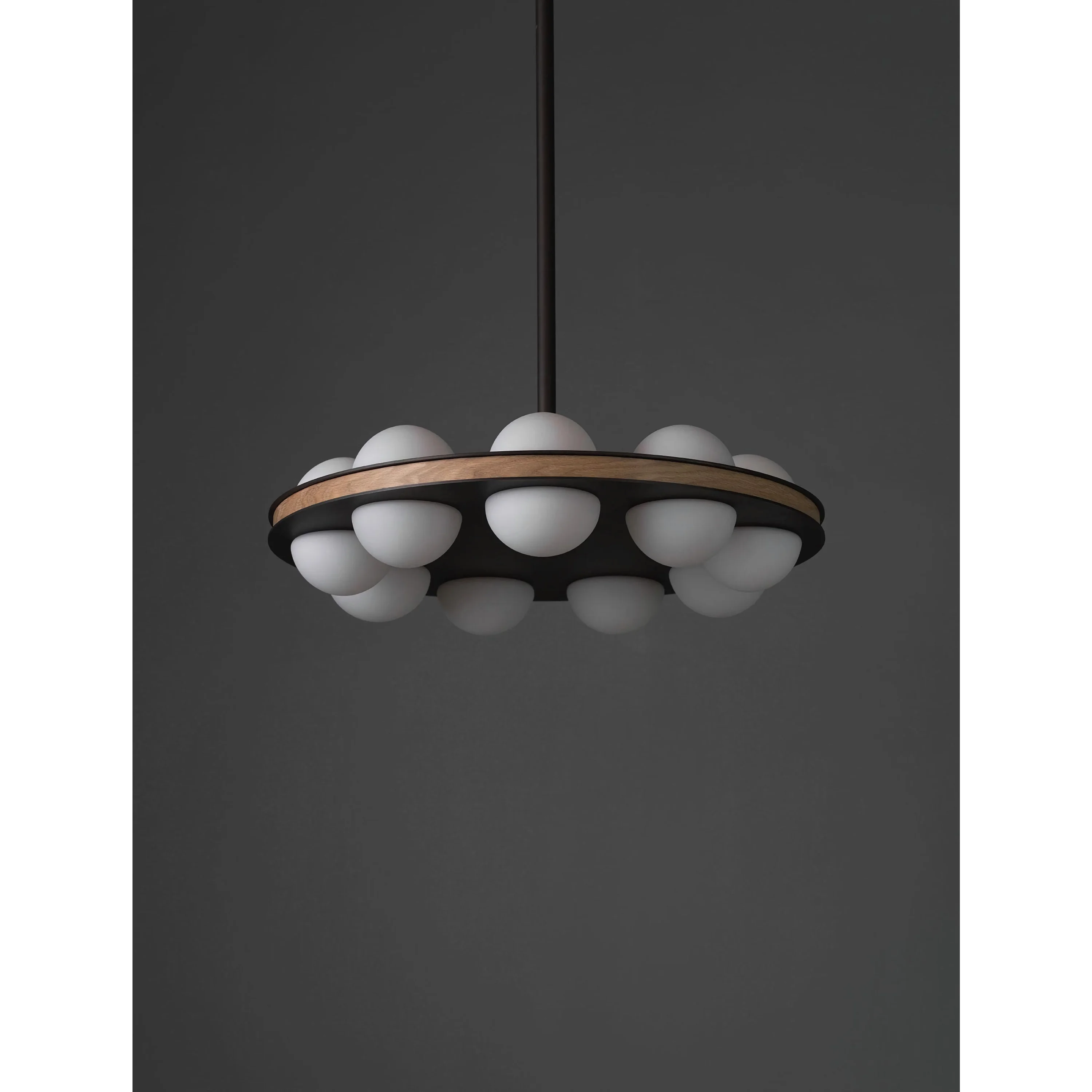 Array Modern Walnut Ring Chandelier | 16 Light Circular Globe Fixture | Sculptural Ceiling for Dining or Office