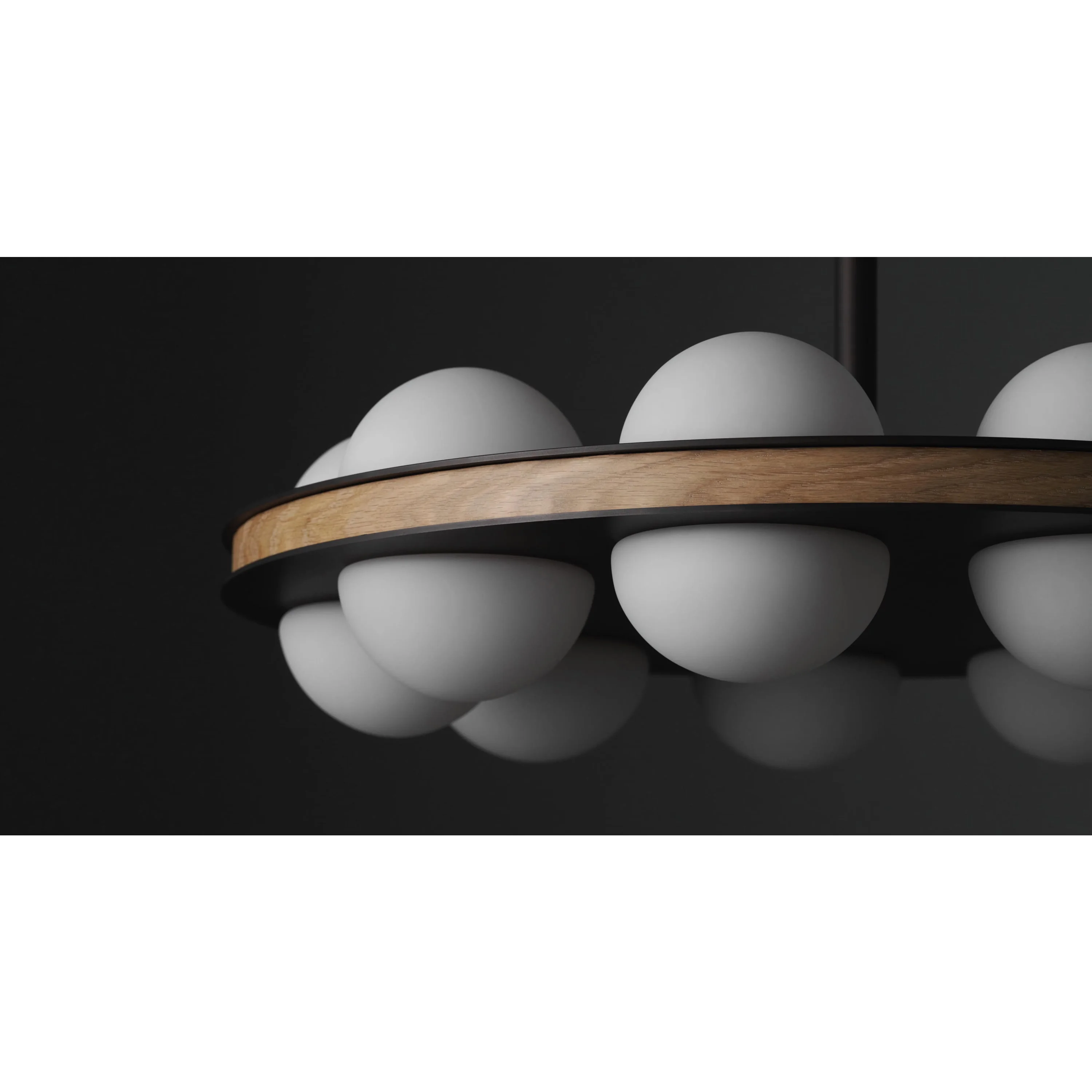 Array Modern Walnut Ring Chandelier | 16 Light Circular Globe Fixture | Sculptural Ceiling for Dining or Office