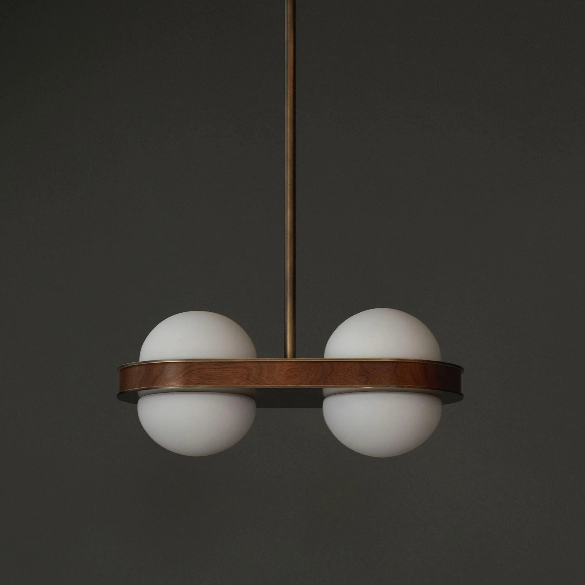 Minimalist Walnut Globe Pendant Light | Dual Opal Glass Fixture in Patinated Brass | Modern Lighting for Kitchen or Bar