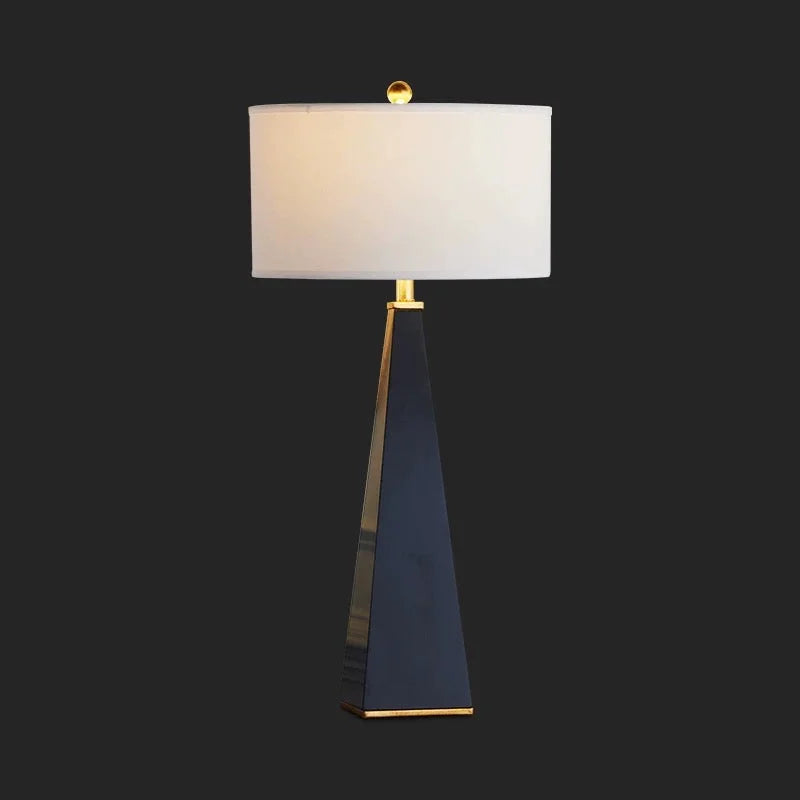 Modern Obelisk Table Lamp with Copper Accents and Fabric Shade for Living Room or Bedroom