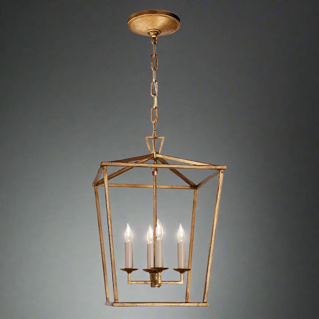 Gold Lantern Pendant Light with 4 Candle Lights – Open Frame Foyer Chandelier for Entryway Kitchen Island or Dining