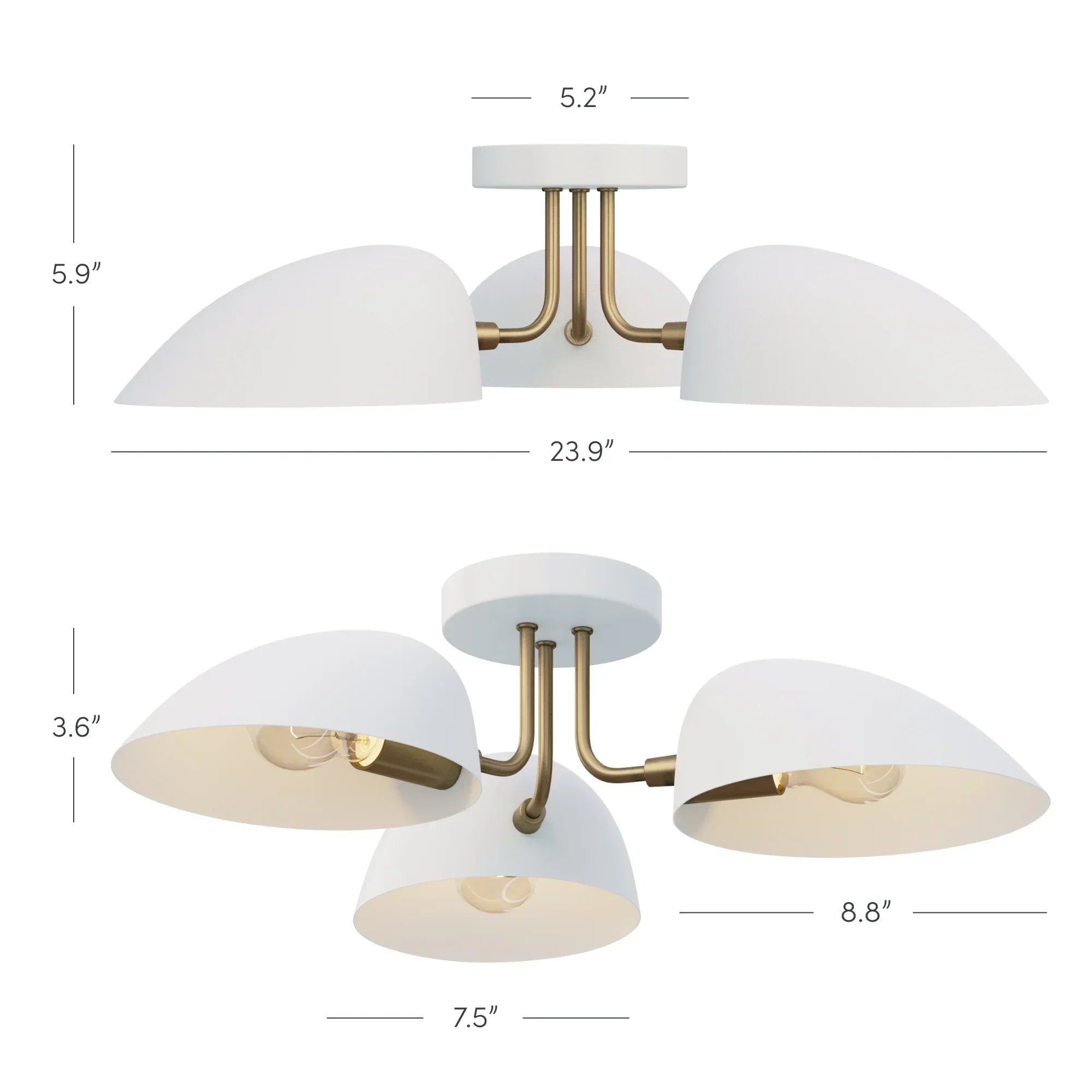 Modern Semi-flush Mount Ceiling Light for Low Ceilings – 3-light Fixture with White Acrylic Shades