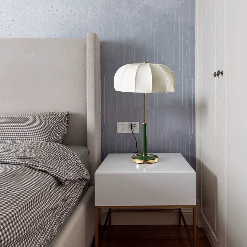 Modern Table Lamp with White Fabric Shade and Brass Accents – Elegant Lighting for Bedroom or Living Room - Lamps