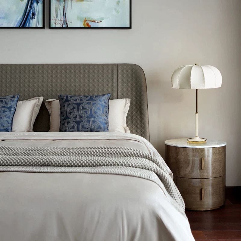 Modern Table Lamp with White Fabric Shade and Brass Accents – Elegant Lighting for Bedroom or Living Room - Lamps