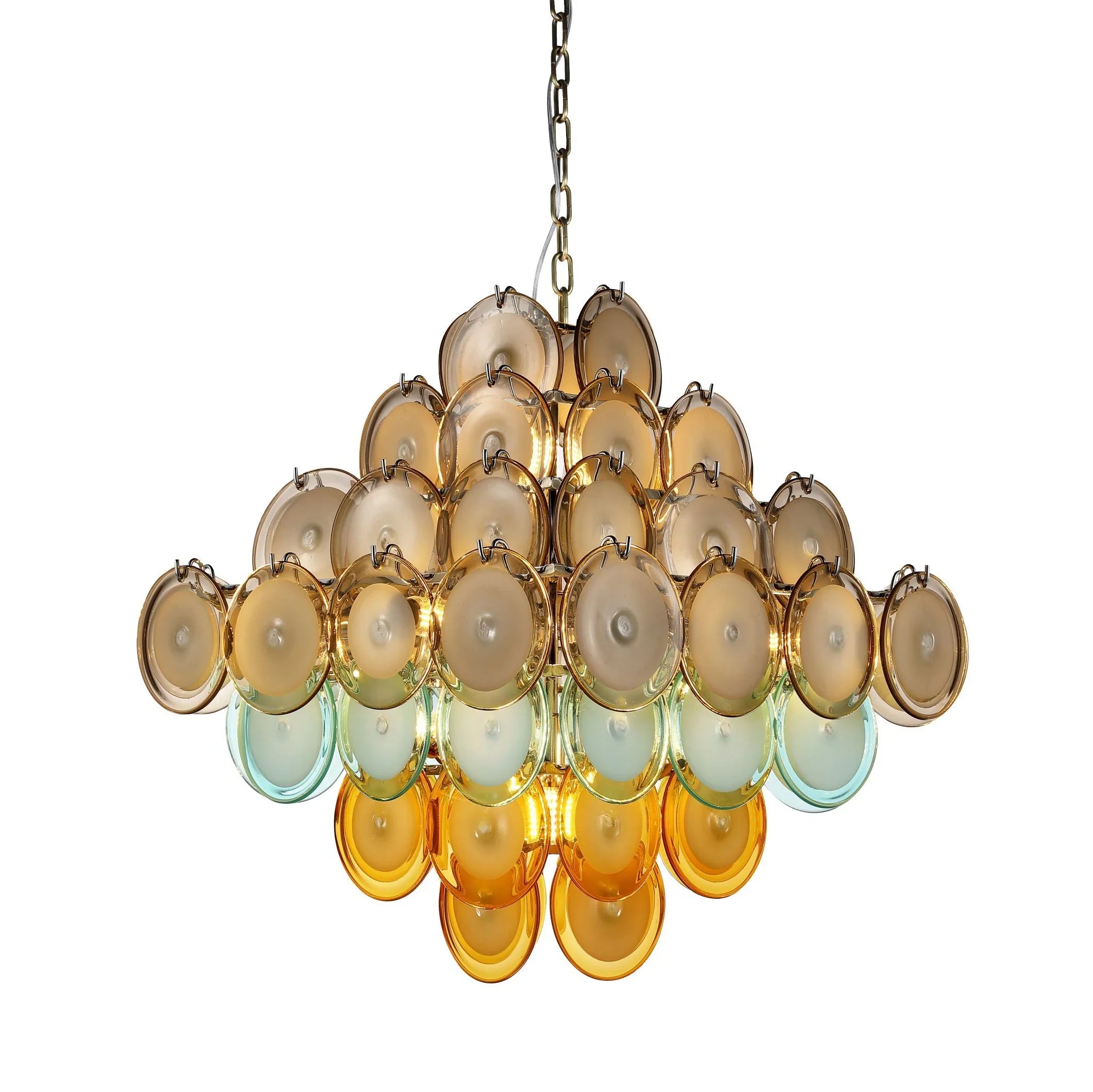 Handblown Glass & Copper Chandelier | Mid-century Modern Italian Design | Multi-color Tiered Discs | Casalola Lights