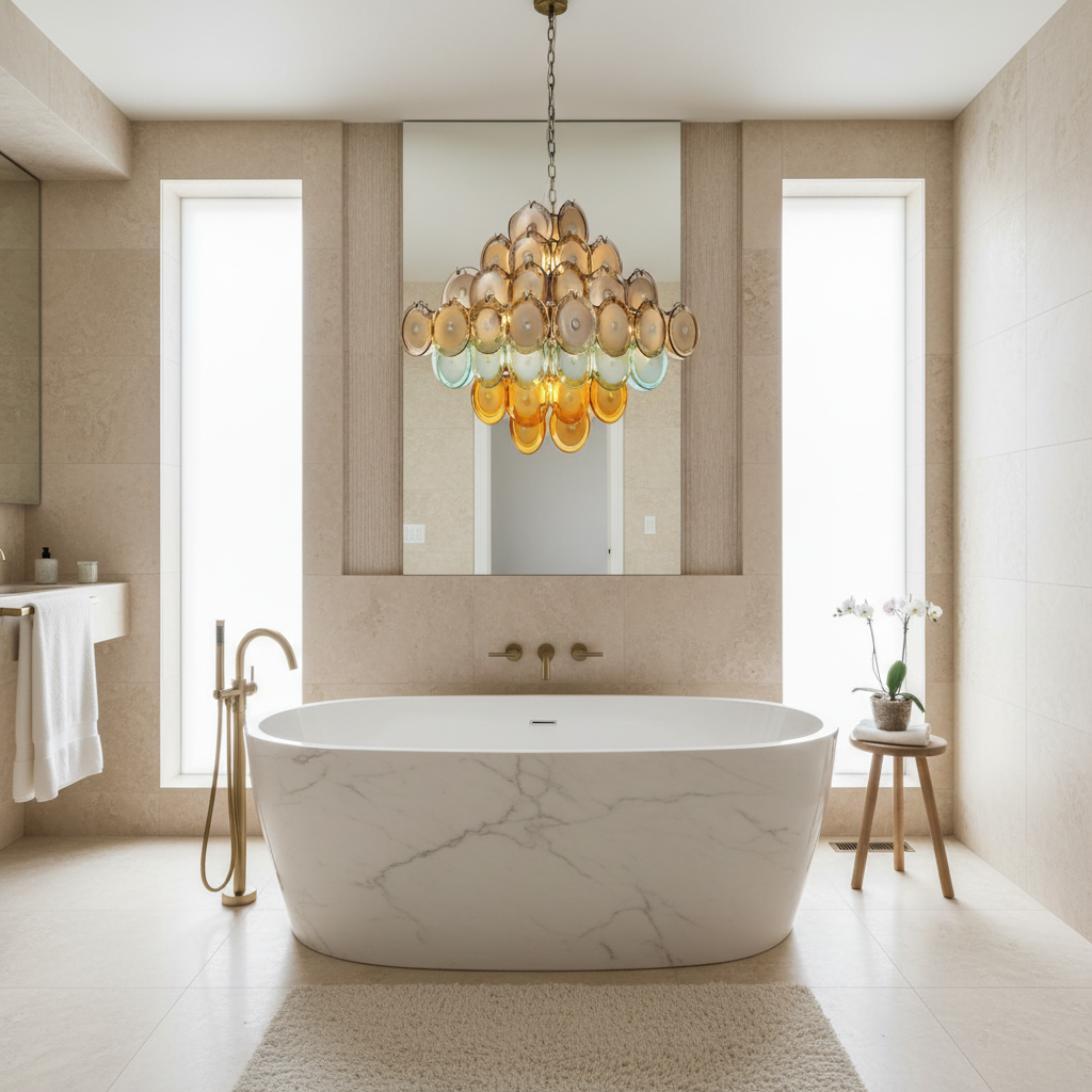 Handblown Glass & Copper Chandelier | Mid-century Modern Italian Design | Multi-color Tiered Discs | Casalola Lights