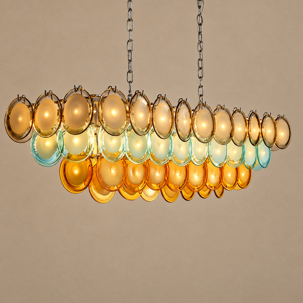 Murano Style Multicolor Glass Disc Linear Chandelier | Over a Long Dining Table Custom Chain Drop Casalola Lights