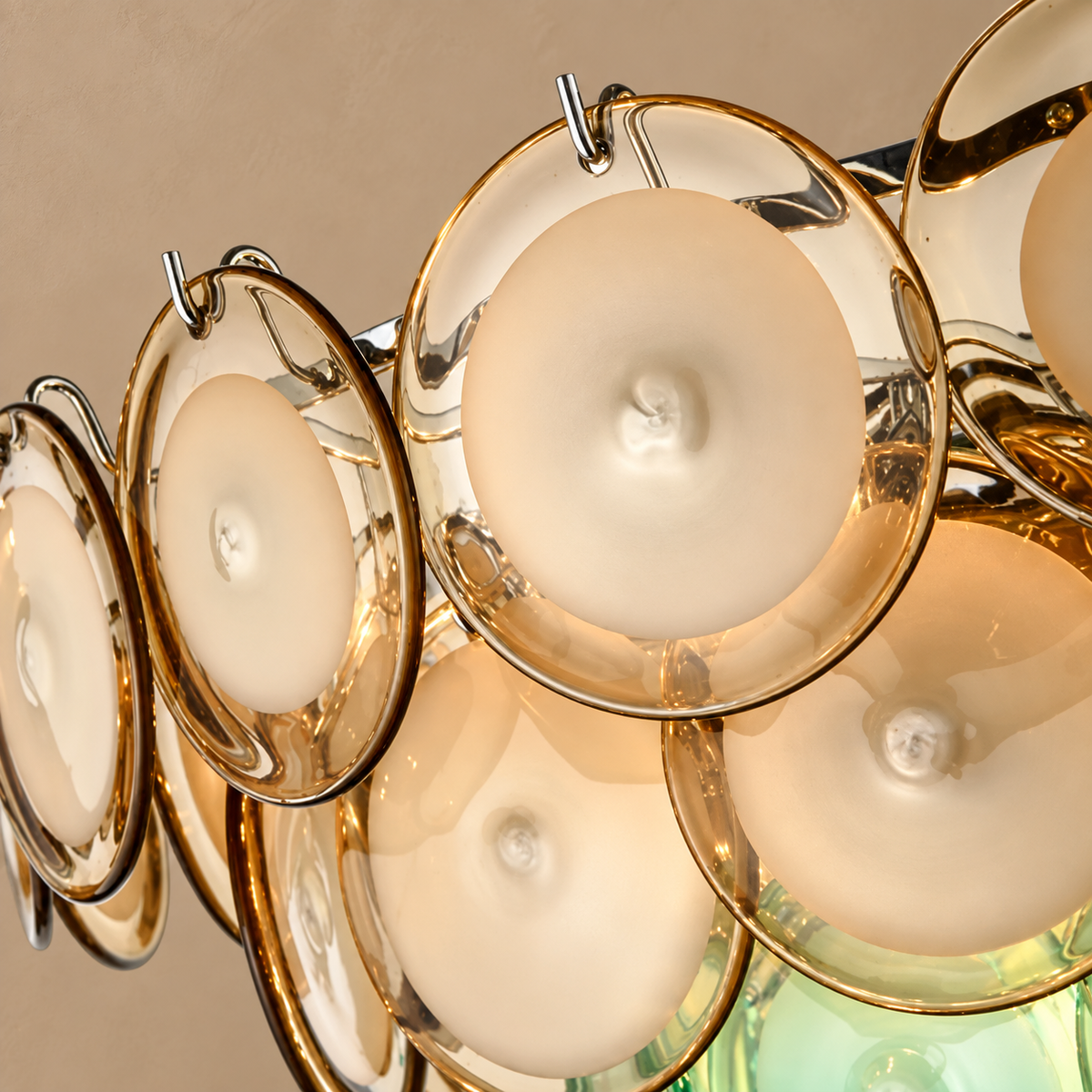 Murano Style Multicolor Glass Disc Linear Chandelier | Over a Long Dining Table Custom Chain Drop Casalola Lights