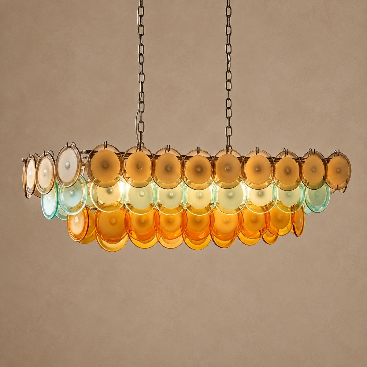 Murano Style Multicolor Glass Disc Linear Chandelier | Over a Long Dining Table Custom Chain Drop Casalola Lights