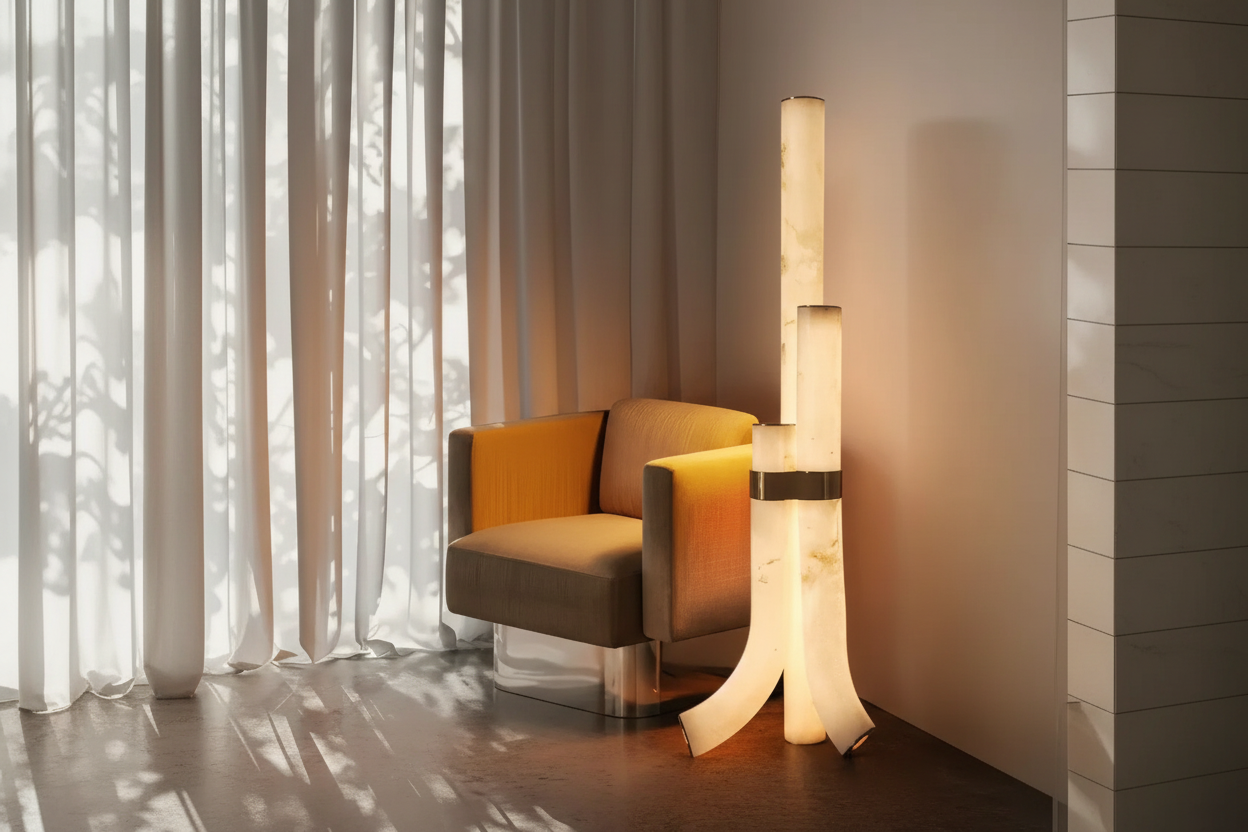 Alabaster floor lamp glowing warm