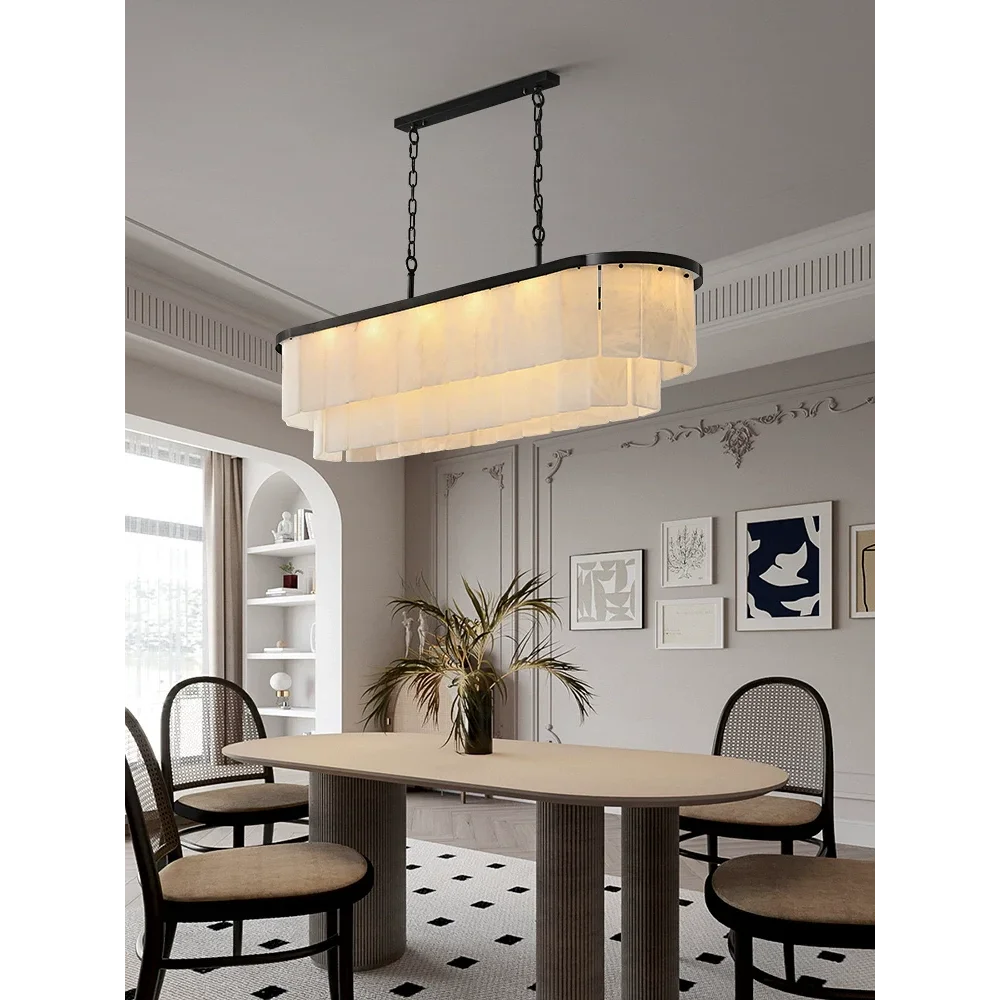 Natural Alabaster Tiered Island Chandelier | Black Framed Kitchen Pendant