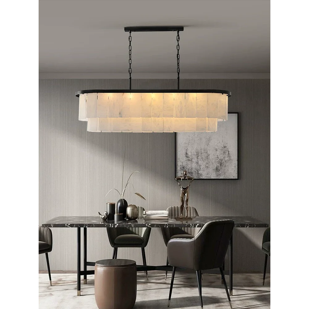 Natural Alabaster Tiered Island Chandelier | Black Framed Kitchen Pendant
