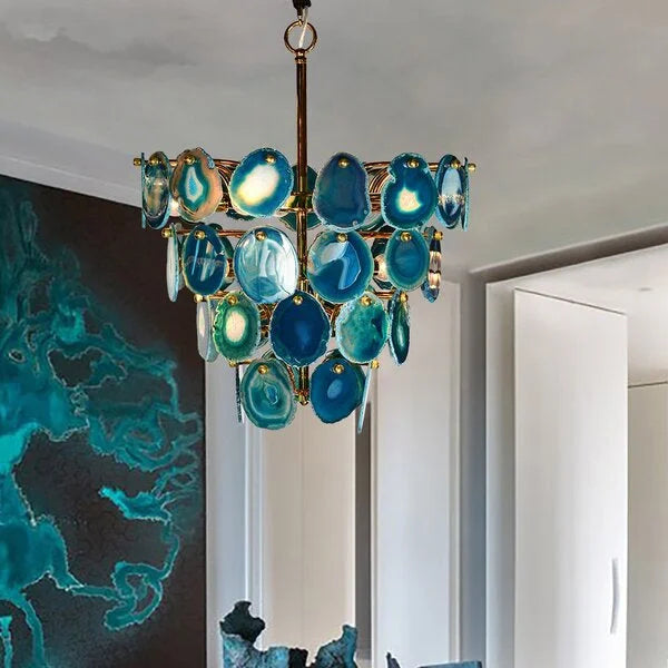 Natural Green Agate Chandelier | Modern Luxury | Semi Flush Mount for Living Room