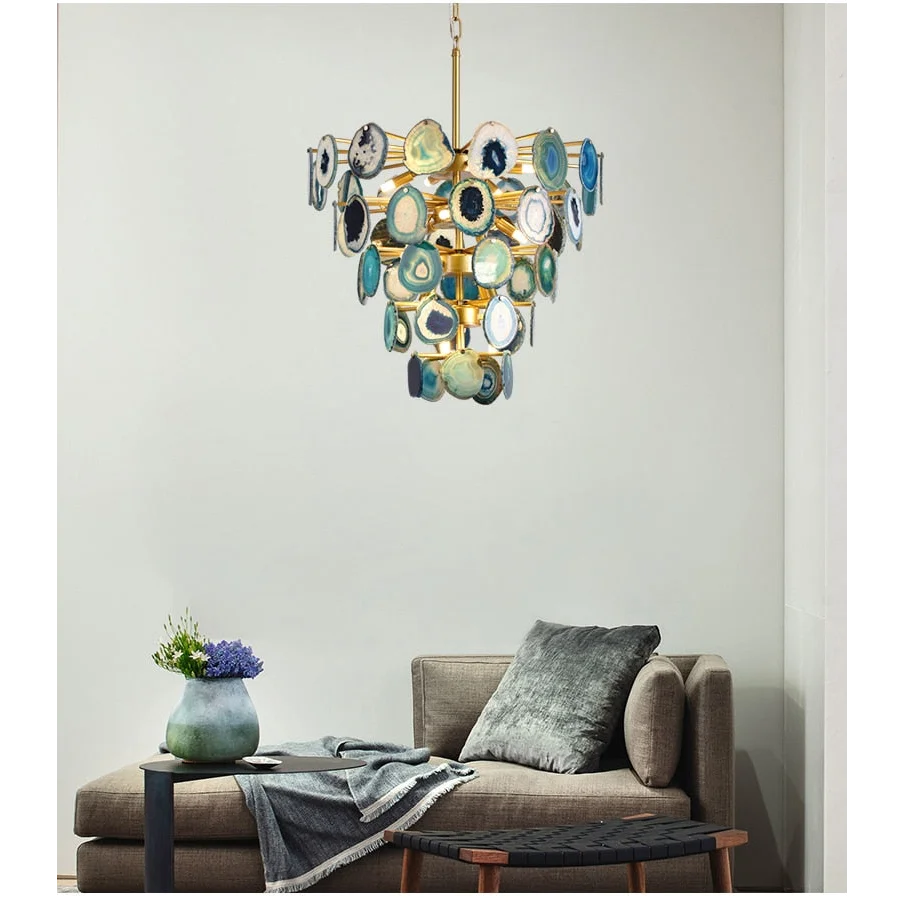 Natural Green Agate Chandelier | Modern Luxury | Semi Flush Mount for Living Room