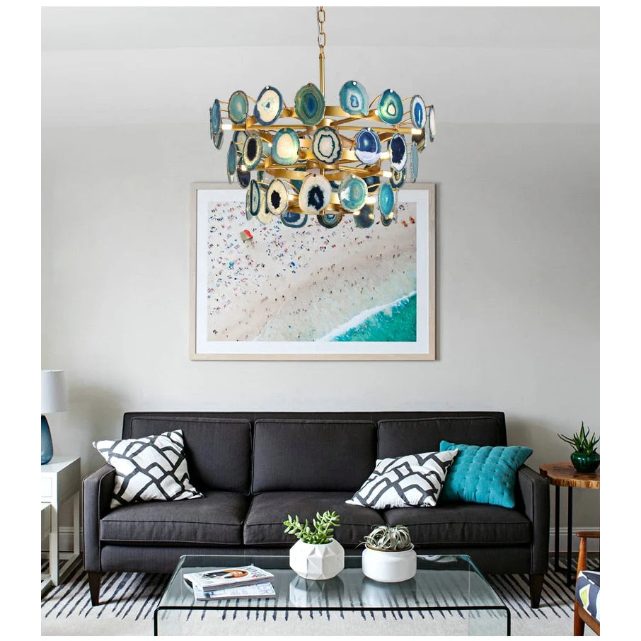 Natural Green Agate Chandelier | Modern Luxury | Semi-flush Mount for Living Room
