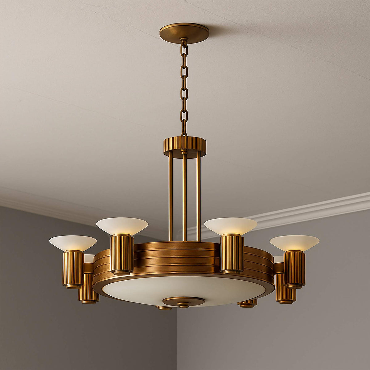 Art Deco Brass Chandelier for Dining Room | 17 Lights Frosted Glass Up Cones and Bowl 42 Inch Wide Casalola Luxury