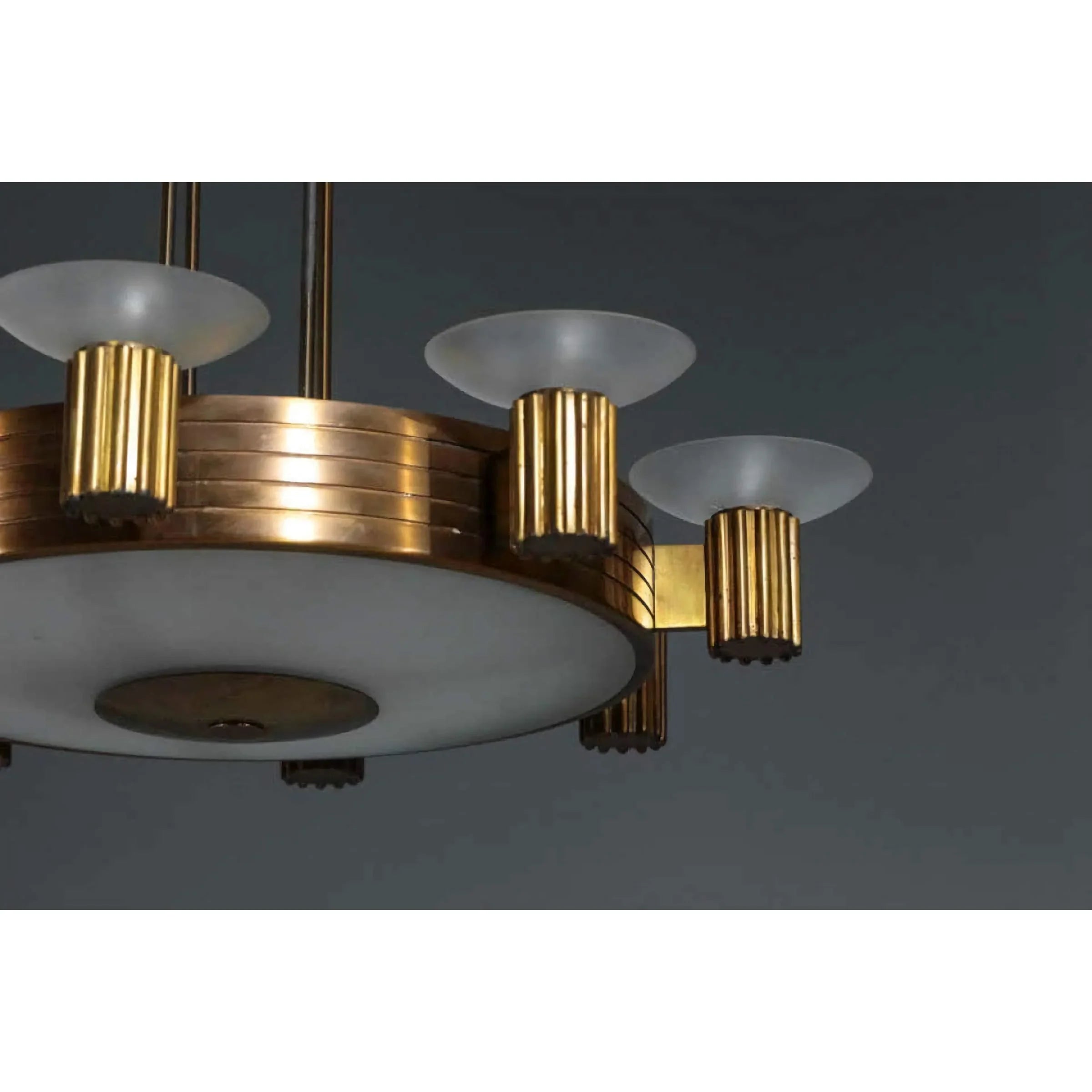 Art Deco Brass Chandelier | Vintage Stepped Frame with Frosted Uplights | Statement Pendant for Dining or Foyer