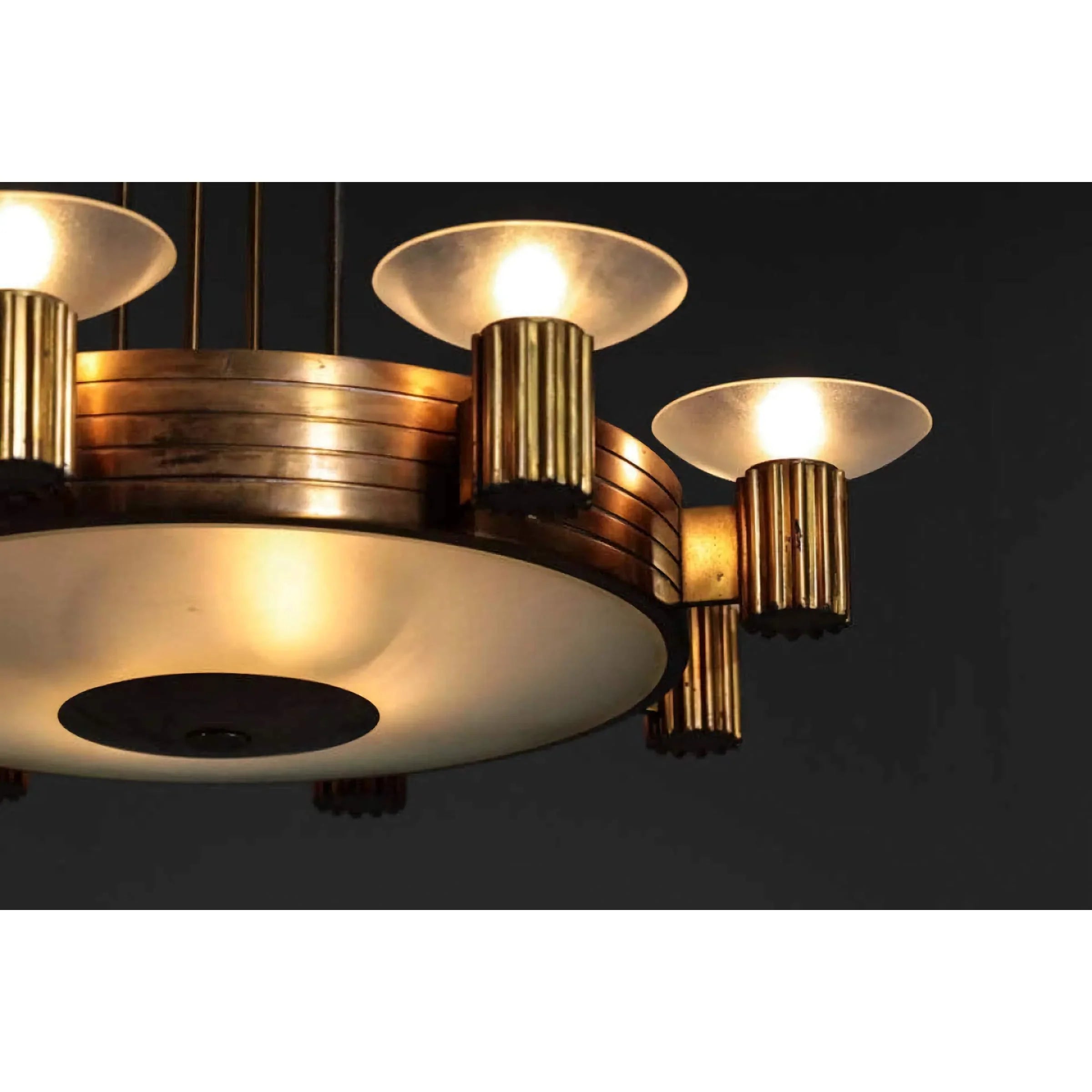 Art Deco Brass Chandelier | Vintage Stepped Frame with Frosted Uplights | Statement Pendant for Dining or Foyer