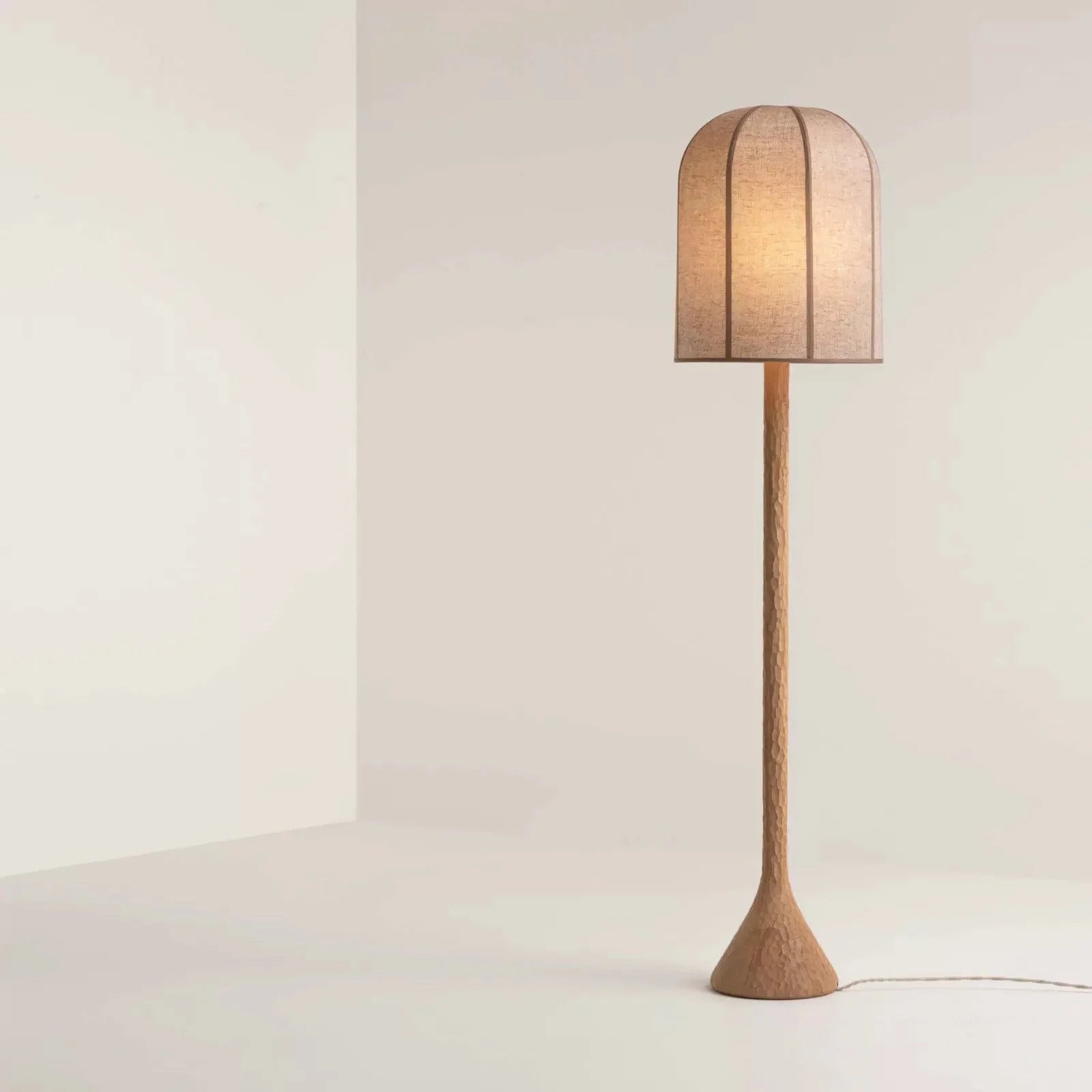 Carved Oak Linen Shade Floor Lamp | Minimalist Ul-listed Led Ready Modern Lighting