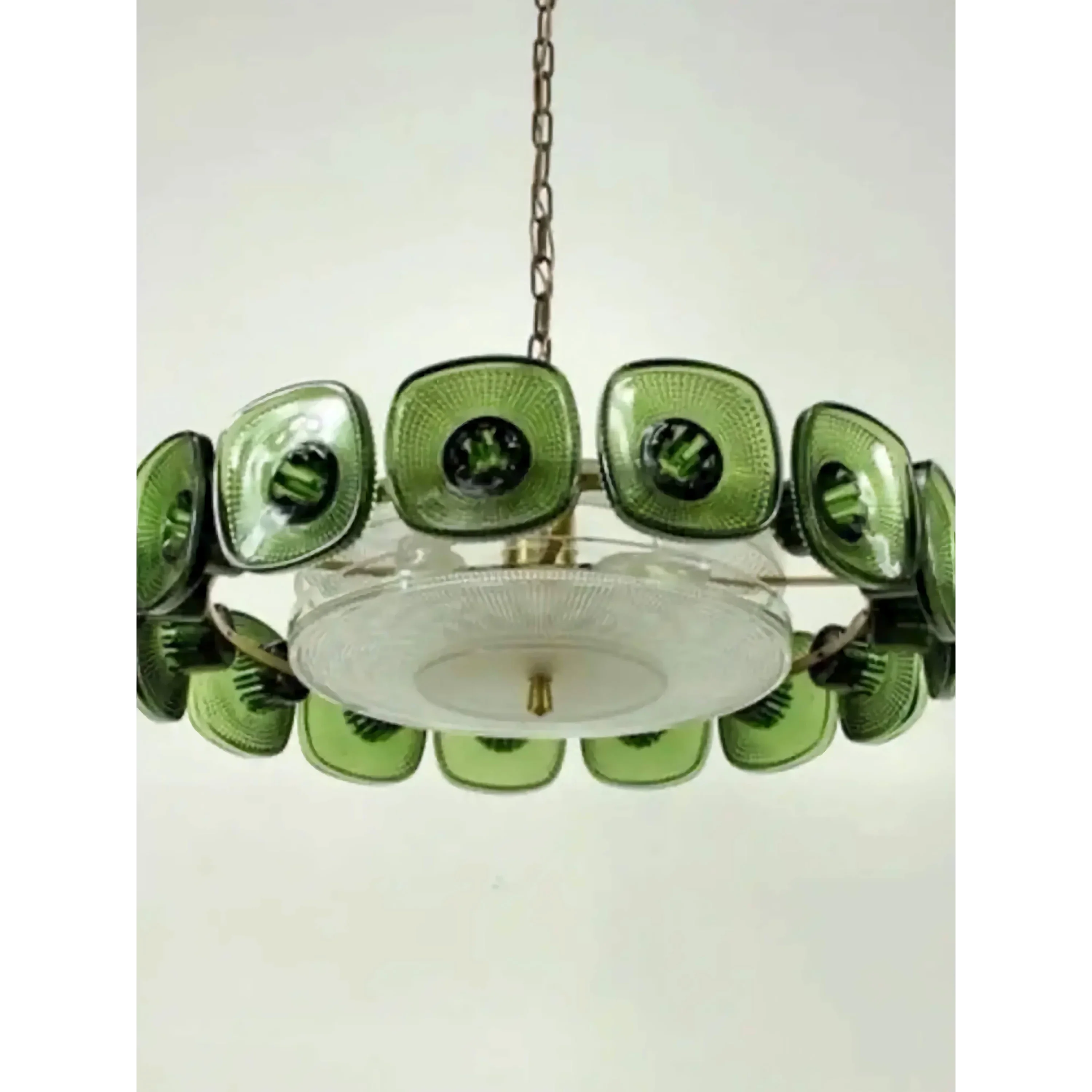 Olive Green Glass Chandelier | Vintage Inspired Italian Light Fixture | Mid Century Crystal Pendant for Dining Room