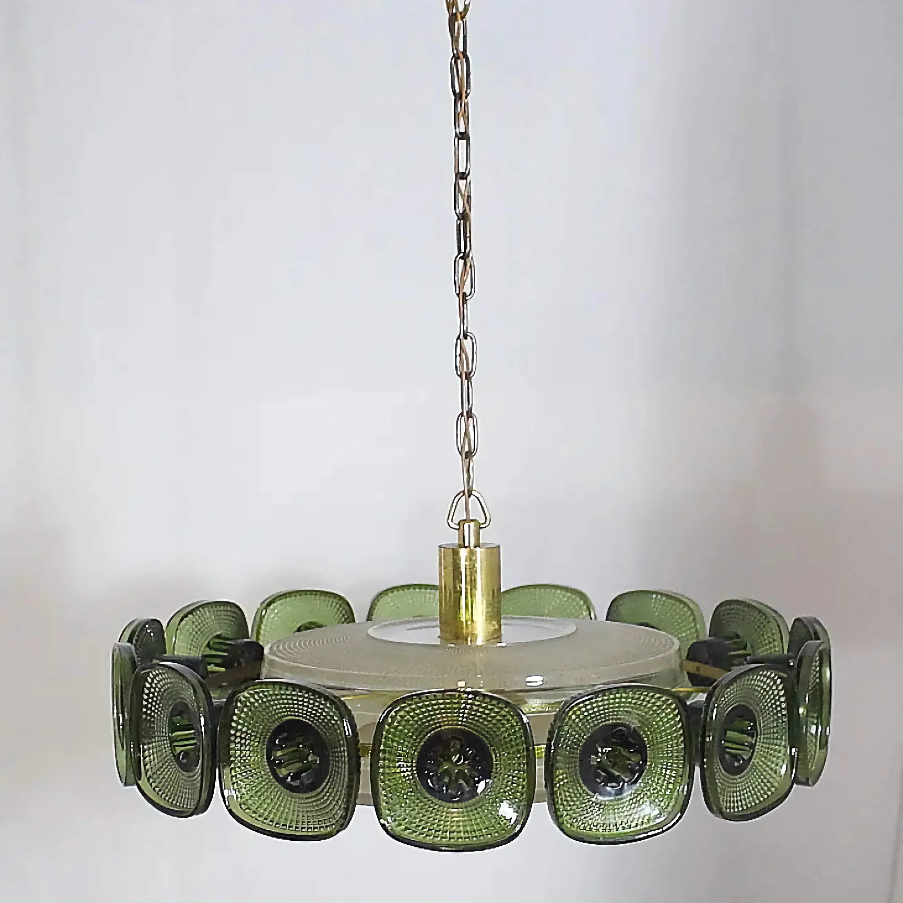 Olive Green Glass Chandelier | Vintage Inspired Italian Light Fixture | Mid Century Crystal Pendant for Dining Room