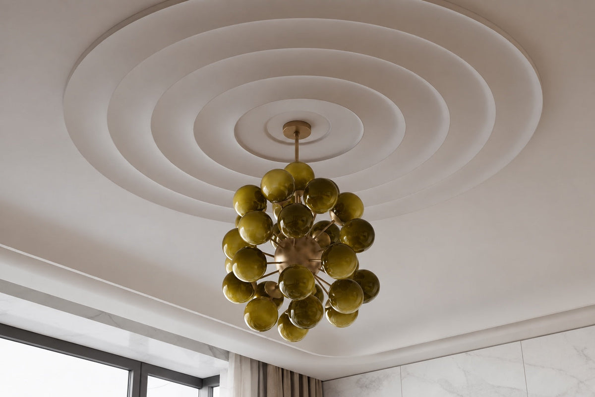 De Silva olive green glass globe chandelier installed in an interior, CLPT80CH-OL