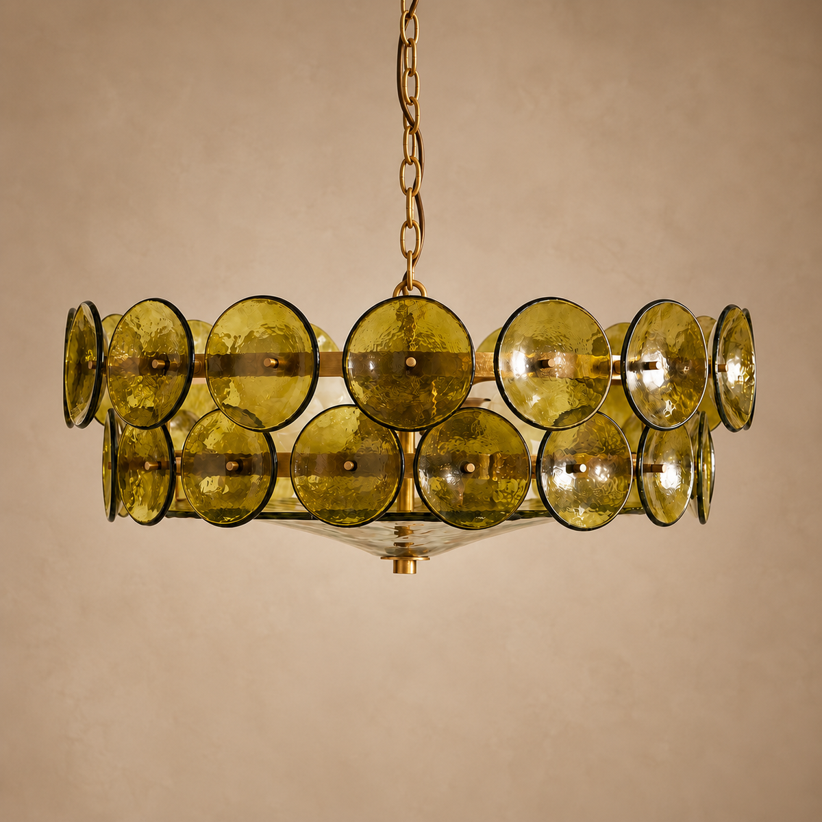Murano Style Olive Glass Disc Chandelier Steel | Bowl Sends Light Down Over a Table Custom Chain Casalola Lights Luxury