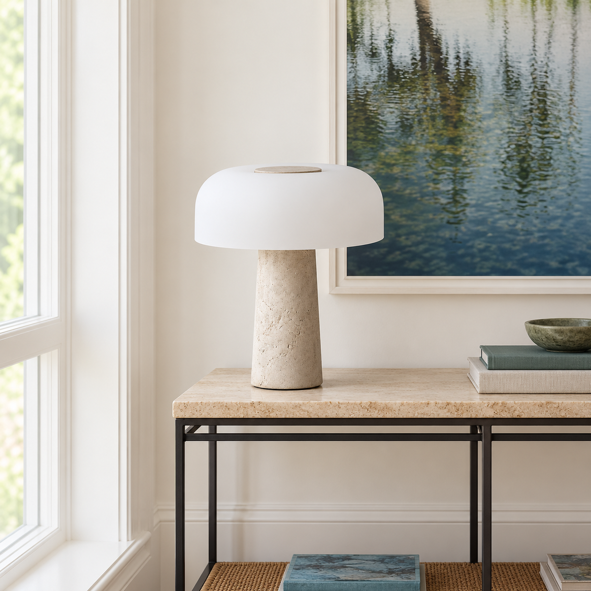 Omarello Table Lamp on a stone-topped entry console.