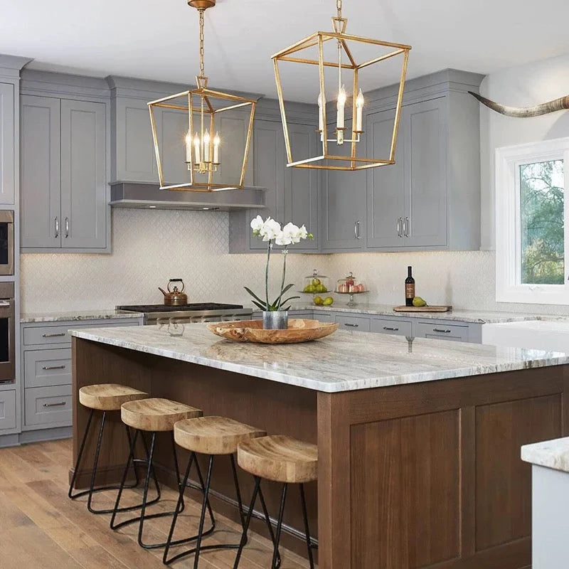 Brass Lantern Pendant Light for Entryway or Kitchen | Open Frame with 4 Candle Lights 12.6 Inch Wide Casalola Luxury