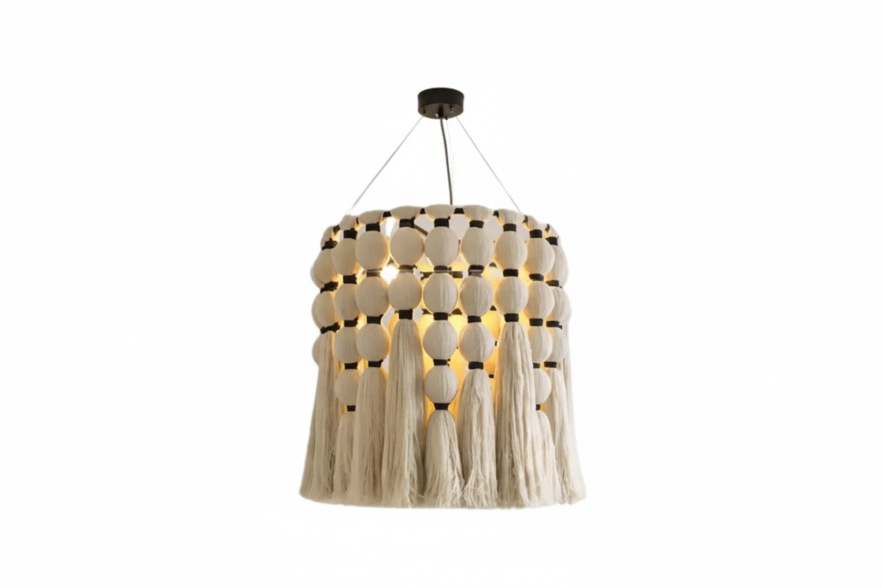Handwoven organic cotton fringe casting a warm filtered glow