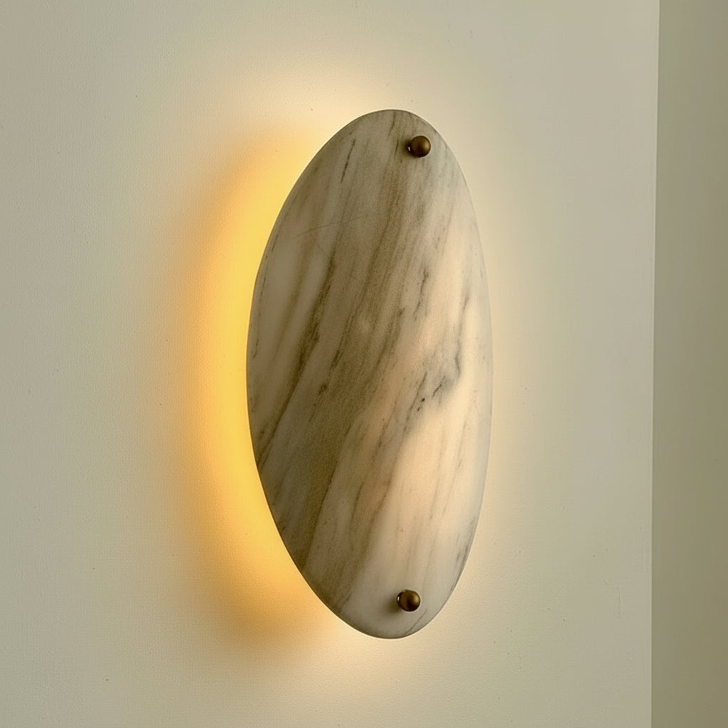Genuine Marble Oval Wall Sconce Brass | Low Profile Vanity Pair Hallway Backlit Stone Casalola Lights Luxury Lamps