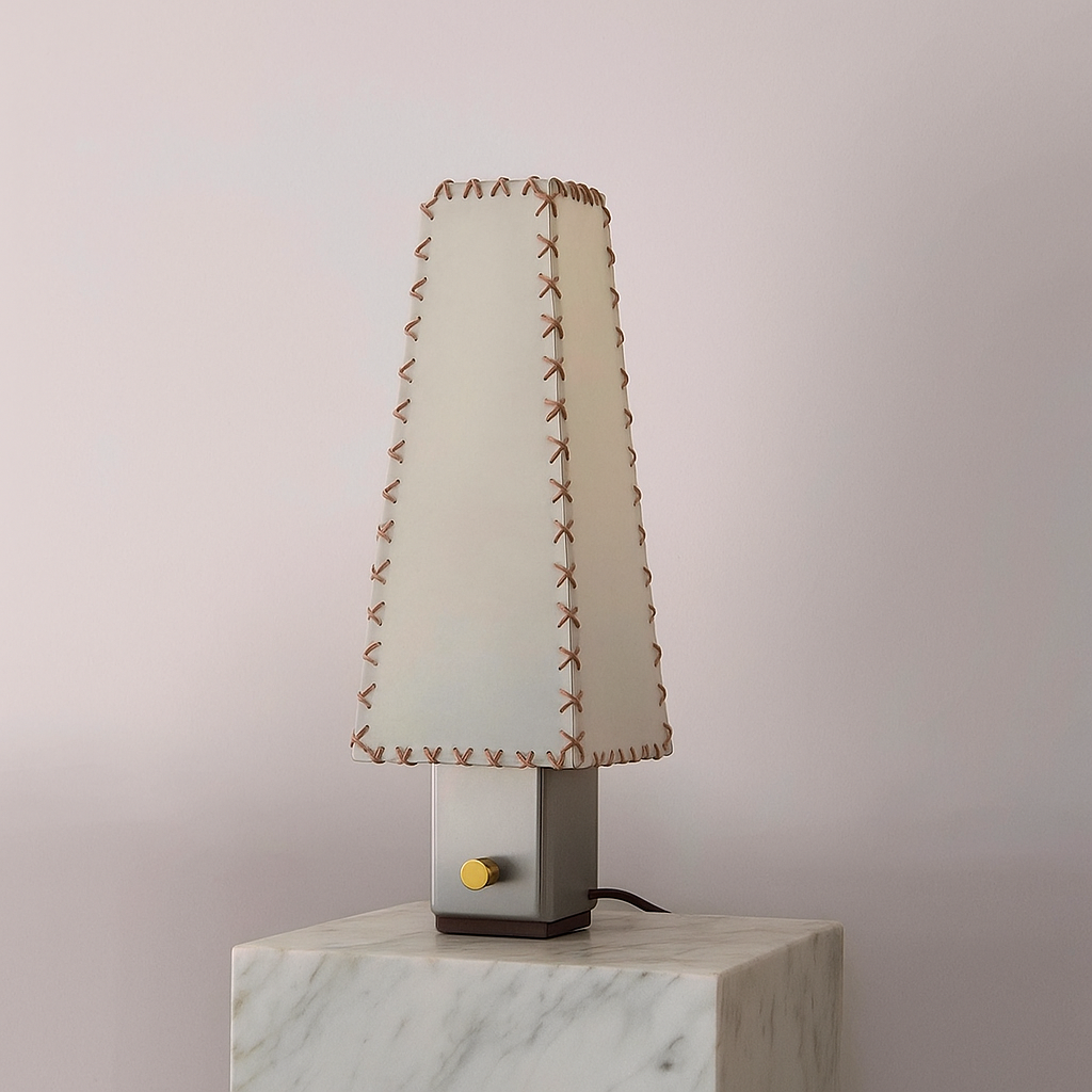 Parchment Shade Table Lamp for Bedroom and Living Room | Hand Stitched Brushed Steel Modern Japandi Casalola Lights