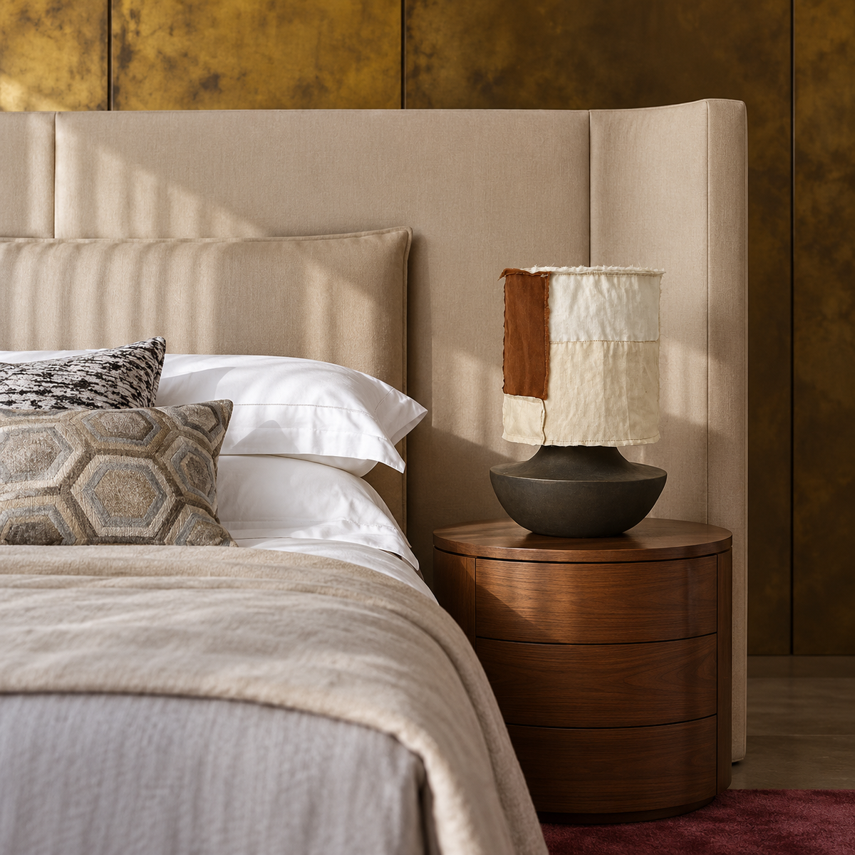 Ceramic & Silk Table Lamp on a walnut bedside table.