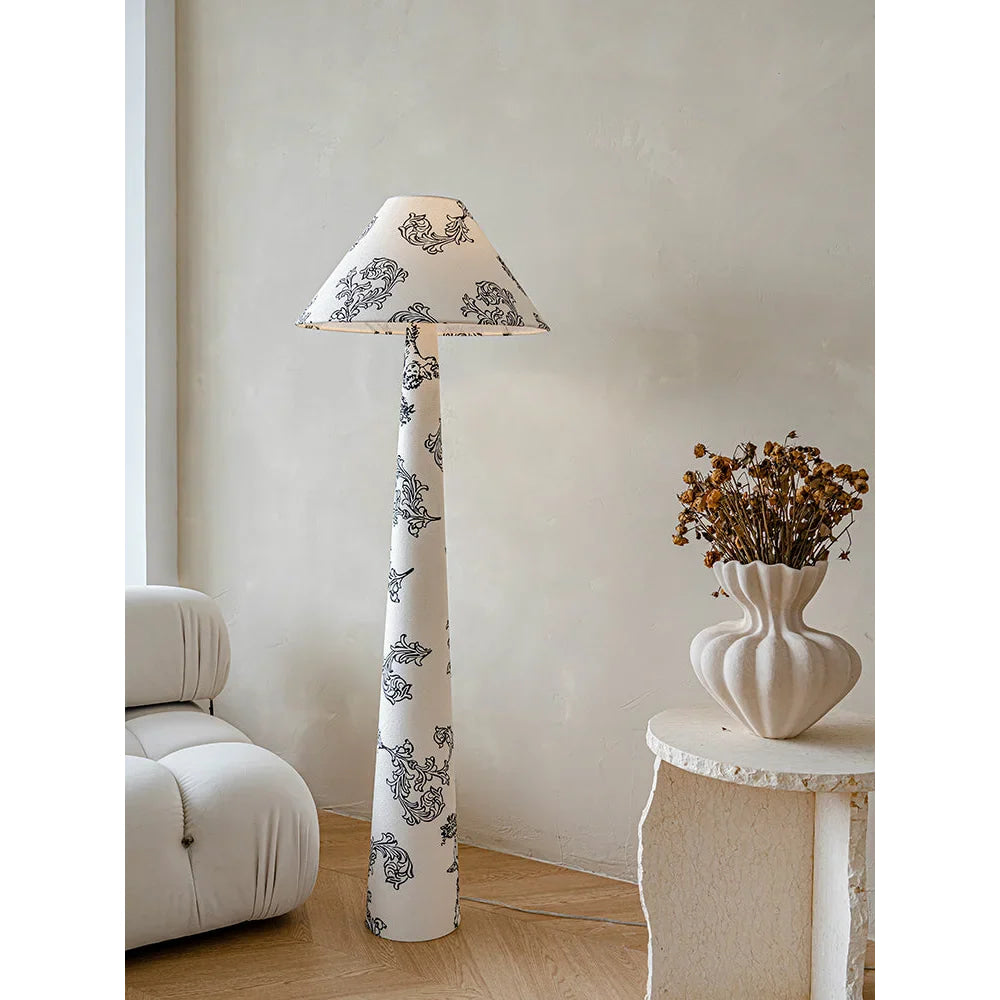 Living Room Floral Cone Floor Lamp in Hand Painted White Ceramic – Scandi Japandi Statement Accent Lighting Soft Glow