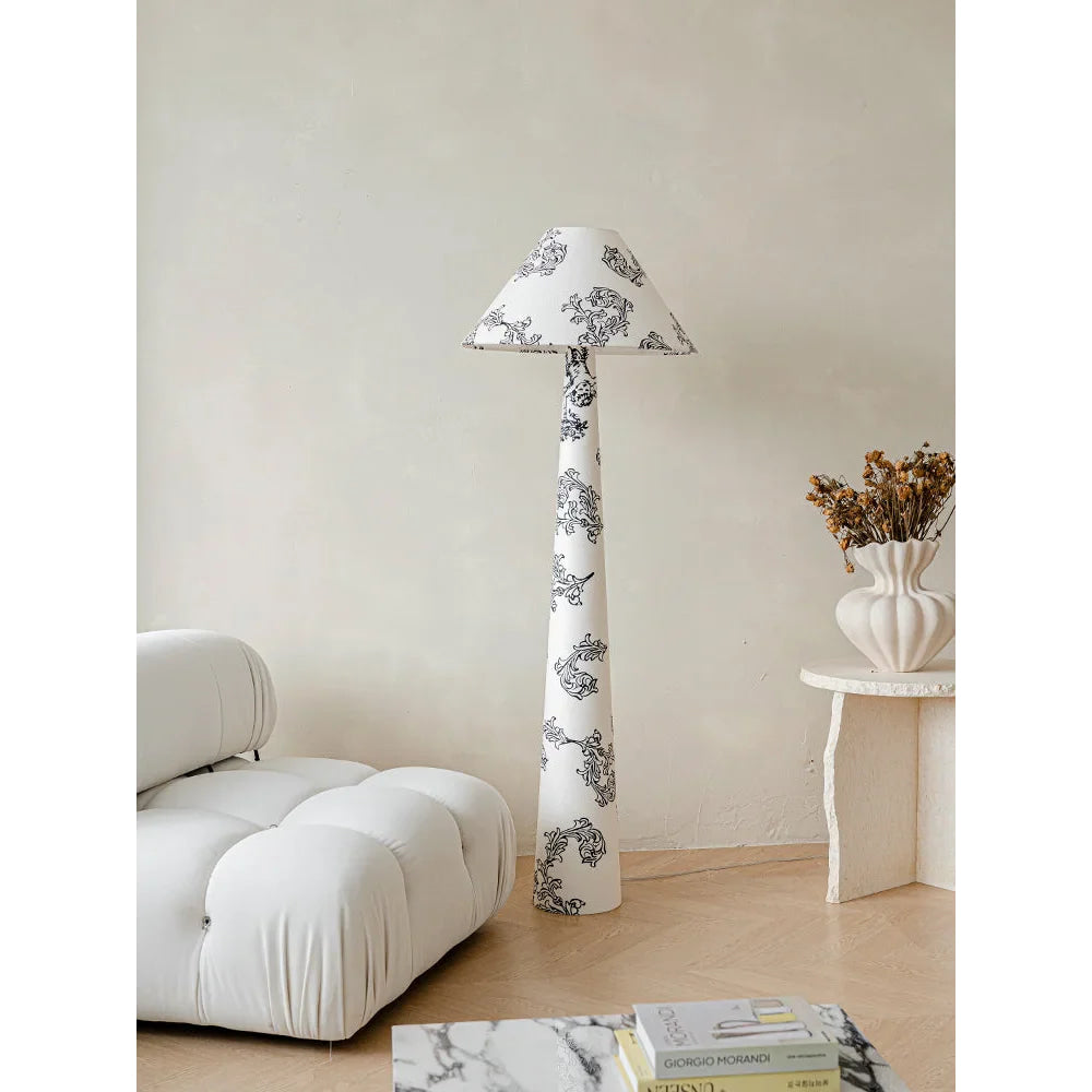 Living Room Floral Cone Floor Lamp in Hand Painted White Ceramic – Scandi Japandi Statement Accent Lighting Soft Glow