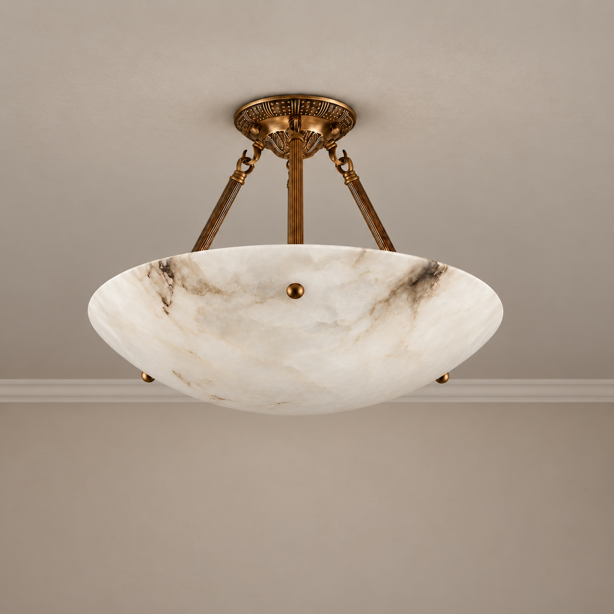 Patterned Rose alabaster semi-flush light, unlit, with decorative brass canopy and rods.
