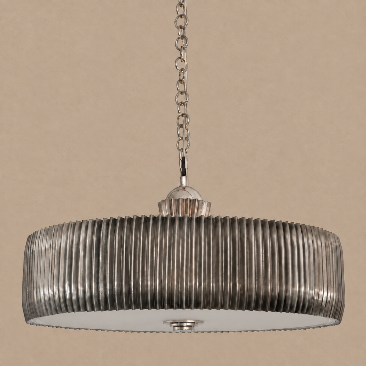 Pleated Metal Drum Chandelier Silver or Dark Bronze | Over a Round Dining Table Custom Chain Drop Casalola Lights